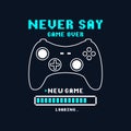 Joysticks gamepad t-shirt design with pixel text and slogan. Tee shirt typography graphics for gamers. Slogan print for video game Royalty Free Stock Photo